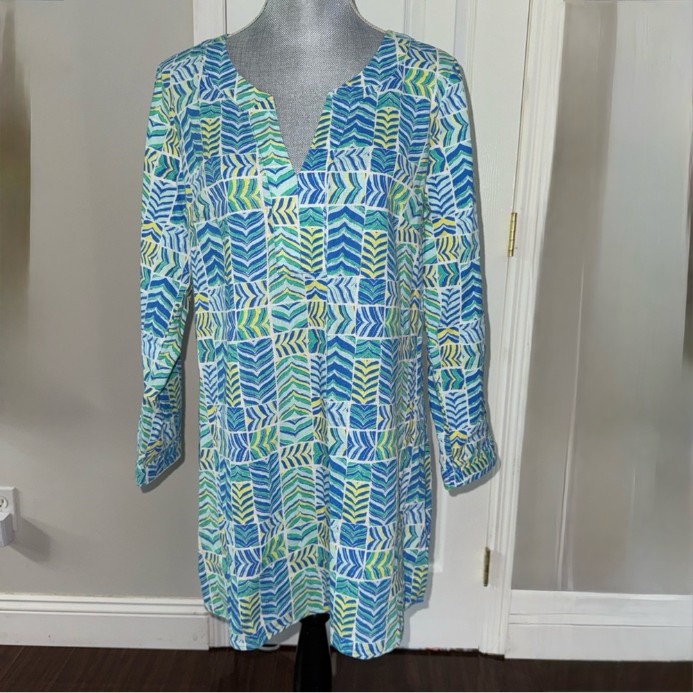 Vineyard Vines Blue and Green Linen-Cotton Dress Medium Brand New